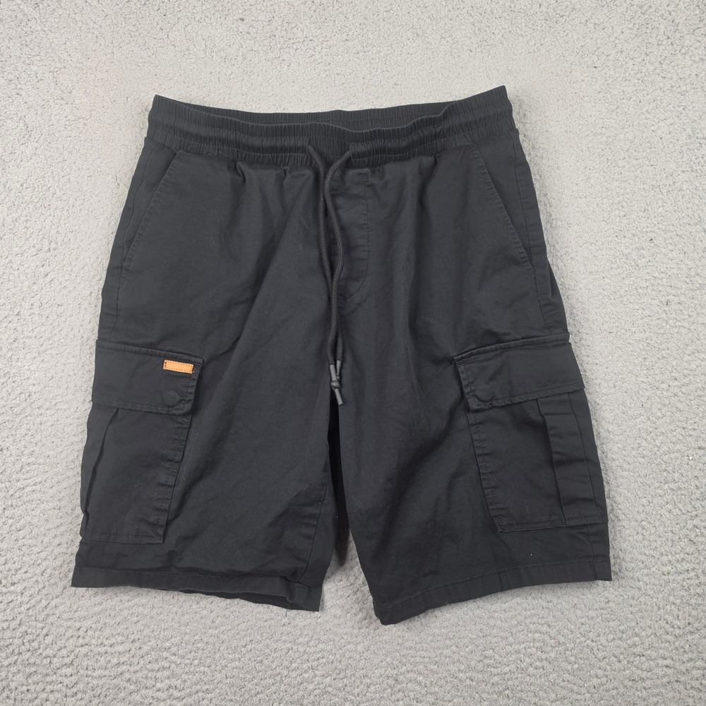 Mens Black Cargo Shorts Size 30 Elastic Drawstring Waist Unbranded Cotton Blend